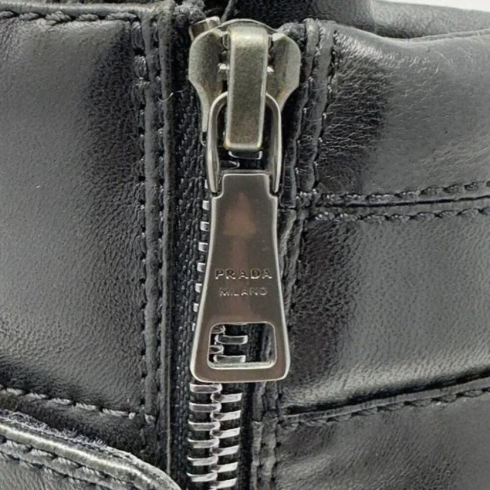 Prada Boots Moto Combat LOGO Ankle Lug Sole Platform Heels‎ Black Shoes 38.5 - Picture 10 of 11